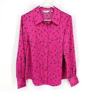 Candace Cameron Bure Star Print Button Front‎ Satin Shirt Hot Fuchsia Size XS